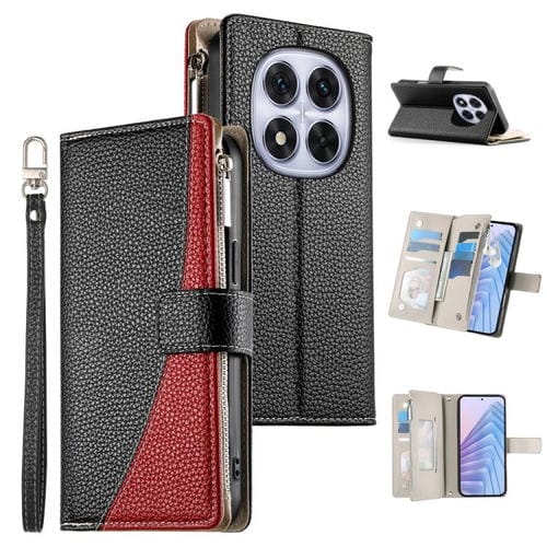 Funda de cuero con cremallera para Redmi Note 14 Pro 5G / Note 14 Pro+ 5G, con costuras, para mĂșltiples tarjetas y correa corta (negra)