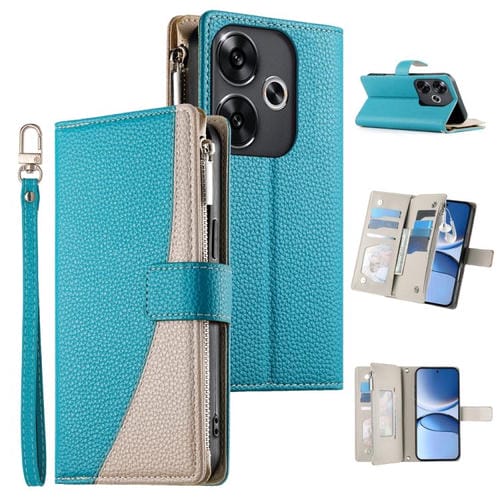 Funda de cuero con cremallera para Redmi Turbo 3 y Xiaomi Poco F6, con costuras, para mĂșltiples tarjetas y correa corta (azul)