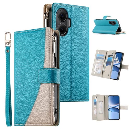 Funda de cuero con cremallera para Redmi Turbo 4 Pro y Xiaomi Poco F7, con costuras, mĂșltiples tarjetas y correa corta (azul)