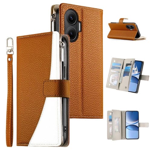 Funda de cuero con cremallera y mĂșltiples tarjetas para Redmi Turbo 4 Pro y Xiaomi Poco F7 con costuras y correa corta (marrĂłn)