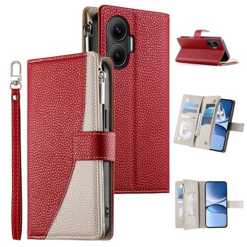 Funda de cuero con cremallera para Redmi Turbo 4 Pro y Xiaomi Poco F7, con costuras, mĂșltiples tarjetas y correa corta (roja)