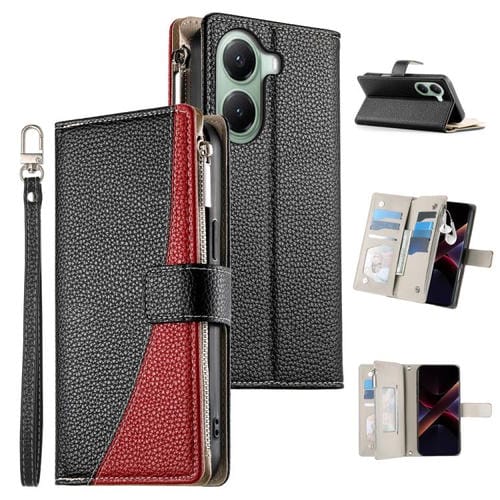 Funda de cuero con cremallera para Redmi Turbo 4 / Xiaomi Poco X7 Pro, con costuras, para mĂșltiples tarjetas y correa corta (negra)