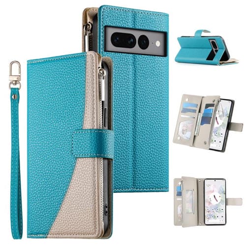 Funda de cuero con cremallera para Google Pixel 7 Pro, con mĂșltiples tarjetas y costuras, con correa corta (azul)
