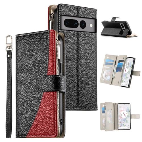 Funda de cuero con cremallera para Google Pixel 7 Pro, con mĂșltiples tarjetas y costuras, con correa corta (negra)