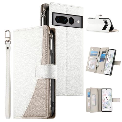 Funda de cuero tipo billetera con cremallera y mĂșltiples tarjetas para Google Pixel 7 Pro con costuras y correa corta (blanca)