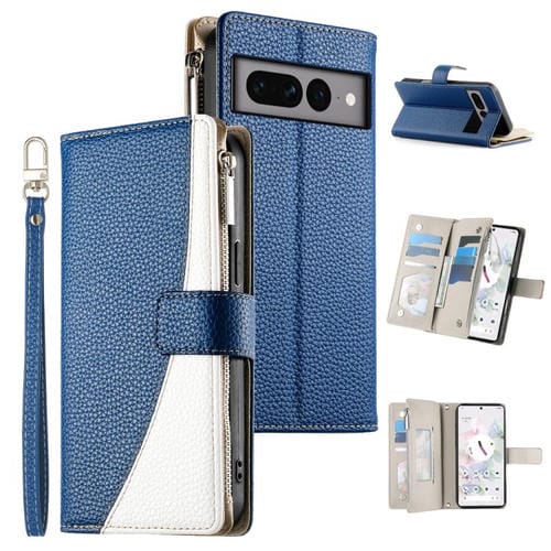 Funda de cuero con cremallera para Google Pixel 7 Pro, con múltiples tarjetas, costuras y correa corta (azul oscuro)