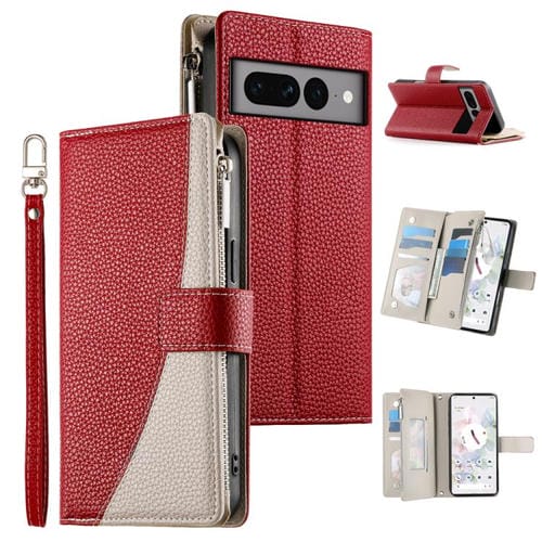 Funda de cuero con cremallera para Google Pixel 7 Pro, con mĂșltiples tarjetas, costuras y correa corta (roja)