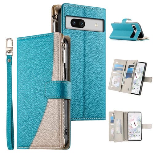 Funda de cuero con cremallera para Google Pixel 7a, con mĂșltiples tarjetas y costuras, con correa corta (azul)