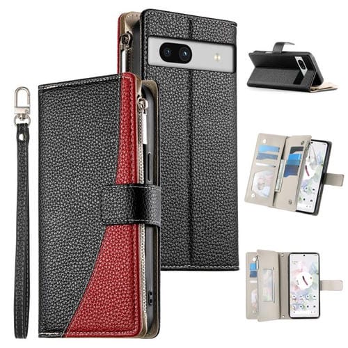 Funda de cuero con cremallera para Google Pixel 7a, con mĂșltiples tarjetas y costuras, con correa corta (negra)