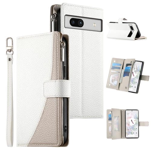 Funda de cuero tipo billetera con cremallera y mĂșltiples tarjetas para Google Pixel 7a, con costuras y correa corta (blanca)