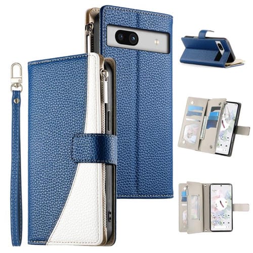 Funda de cuero con cremallera para Google Pixel 7a, con mĂșltiples tarjetas y costuras, con correa corta (azul oscuro)