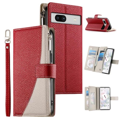 Funda de cuero con cremallera para Google Pixel 7a, con mĂșltiples tarjetas y costuras, con correa corta (roja)