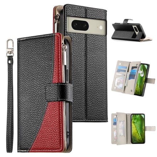 Funda de cuero con cremallera para Google Pixel 8, con mĂșltiples tarjetas y costuras, con correa corta (negra)
