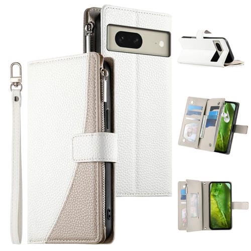Funda de cuero con cremallera para Google Pixel 8, con mĂșltiples tarjetas y correa corta (blanca)