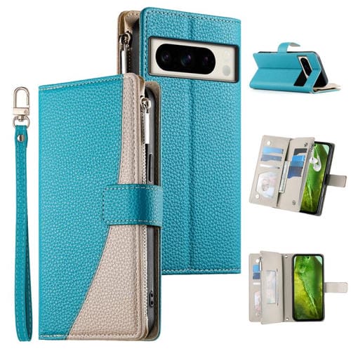 Funda de cuero con cremallera para Google Pixel 8 Pro, con mĂșltiples tarjetas y costuras, con correa corta (azul)