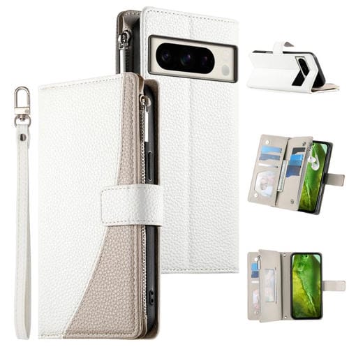 Funda de cuero con cremallera para Google Pixel 8 Pro, con mĂșltiples tarjetas y costuras, con correa corta (blanca)