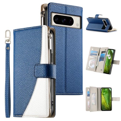 Funda de cuero con cremallera para Google Pixel 8 Pro, con múltiples tarjetas, costuras y correa corta (azul oscuro)