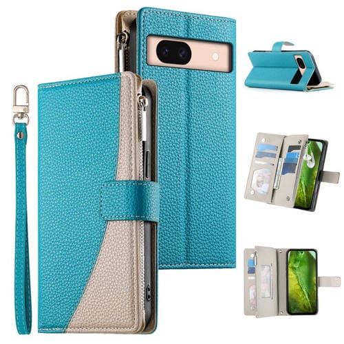 Funda de cuero con cremallera para Google Pixel 8a, con mĂșltiples tarjetas y costuras, con correa corta (azul)