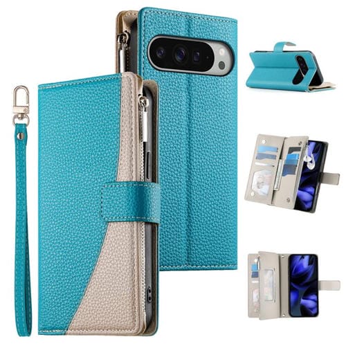 Funda de cuero con cremallera para Google Pixel 9 Pro XL/Pixel 10 Pro XL, con costuras, para múltiples tarjetas y correa corta (azul)