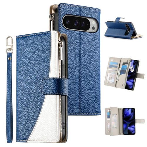 Funda de cuero con cremallera para Google Pixel 9 Pro XL/Pixel 10 Pro XL, con costuras, para mĂșltiples tarjetas y correa corta (azul oscuro)