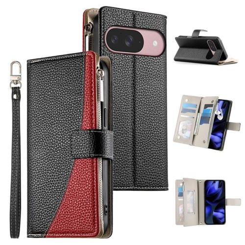 Funda de cuero con cremallera y mĂșltiples tarjetas para Google Pixel 9/9 Pro/10/10 Pro, con costuras y correa corta (negra)