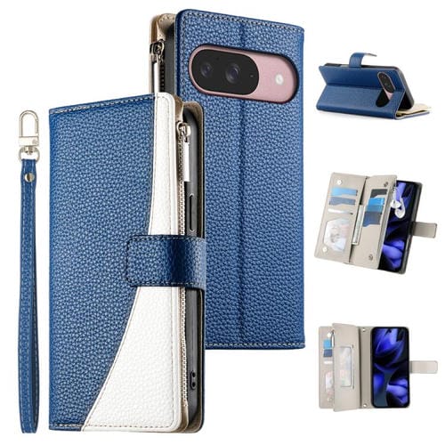Funda de cuero con cremallera para Google Pixel 9/9 Pro/10/10 Pro, con costuras, para mĂșltiples tarjetas y correa corta (azul oscuro)