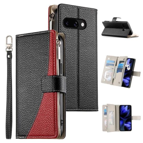 Funda de cuero con cremallera para Google Pixel 9a, con mĂșltiples tarjetas y costuras, con correa corta (negra)