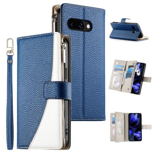 Funda de cuero con cremallera para Google Pixel 9a, con mĂșltiples tarjetas y costuras, con correa corta (azul oscuro)