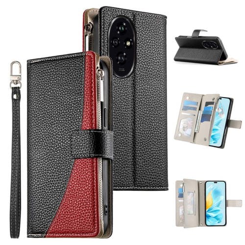 Funda de cuero con cremallera para telĂ©fono con mĂșltiples tarjetas y costuras para Honor 200 (negro)