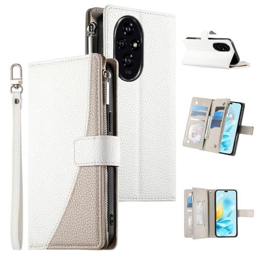 Funda de cuero con cremallera para telĂ©fono con mĂșltiples tarjetas y costuras para Honor 200 (blanco)