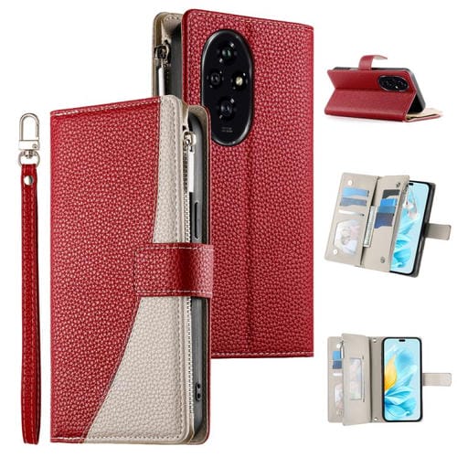 Funda de cuero con cremallera para telĂ©fono con mĂșltiples tarjetas y costuras para Honor 200 (rojo)