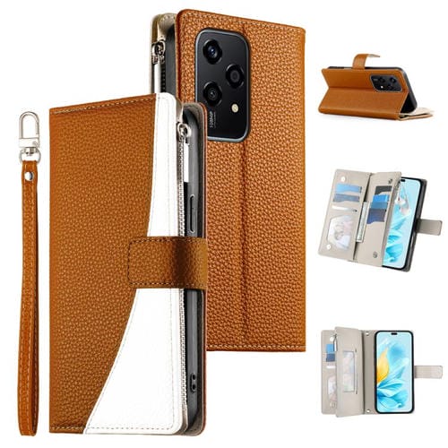 Funda de cuero con cremallera para telĂ©fono con mĂșltiples tarjetas y costuras globales para Honor 200 Lite (marrĂłn)