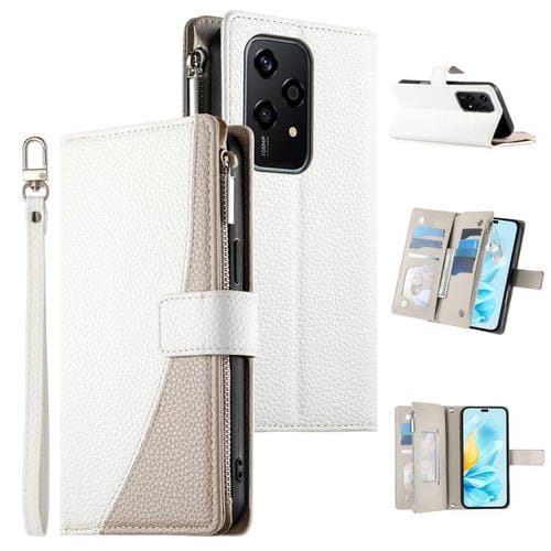 Funda de cuero tipo billetera con cremallera para múltiples tarjetas y costuras globales para Honor 200 Lite, con correa corta (blanca)