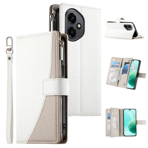Funda de cuero tipo billetera con cremallera y mĂșltiples tarjetas para Honor 400 Global (156,5 mm) con costuras y correa corta (blanco)