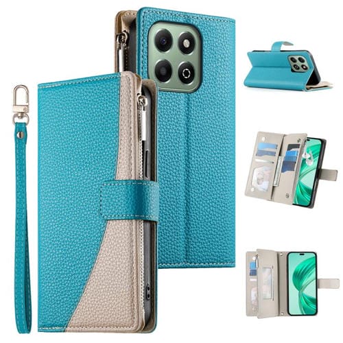 Funda de cuero tipo billetera con cremallera y mĂșltiples tarjetas para Honor X6a/Honor X6b 4G, con costuras y correa corta (azul)