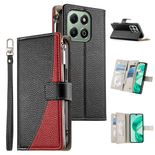 Funda de cuero tipo billetera con cremallera y mĂșltiples tarjetas para Honor X6a/Honor X6b 4G, con costuras y correa corta (negra)