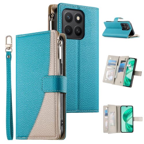 Funda de cuero con cremallera y mĂșltiples tarjetas para Honor X8c 4G, con costuras y correa corta (azul)
