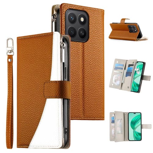 Funda de cuero con cremallera y mĂșltiples tarjetas para Honor X8c 4G, con costuras y correa corta (marrĂłn)