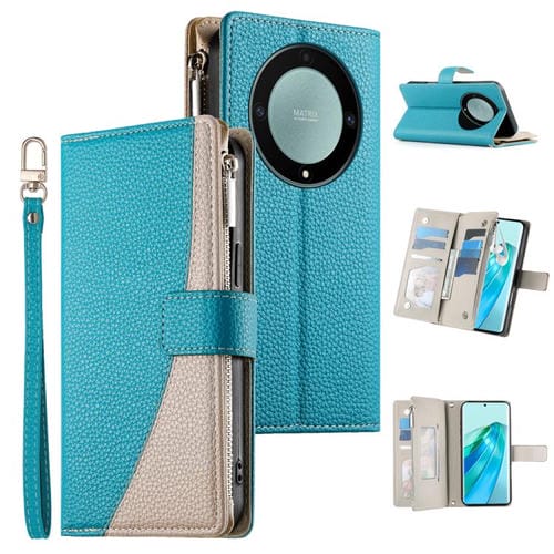Funda de cuero con cremallera y mĂșltiples tarjetas para Honor X9a / X40 / Magic5 Lite, con costuras y correa corta (azul)