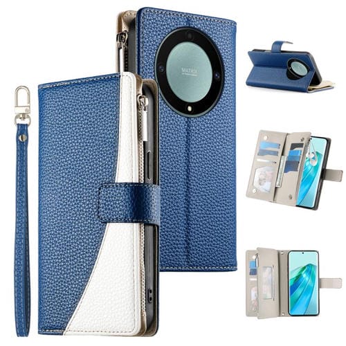 Funda de cuero tipo billetera con cremallera y múltiples tarjetas, con costuras y correa corta para Honor X9a / X40 / Magic5 Lite (azul oscuro)