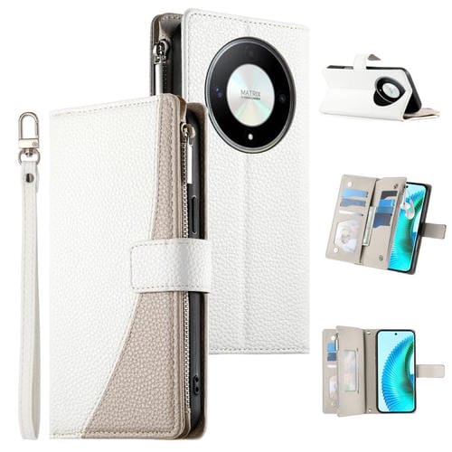 Funda de cuero tipo billetera con cremallera y mĂșltiples tarjetas, con costuras y correa corta para Honor X50/Honor X9b (blanca)