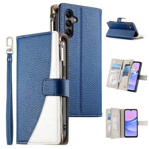 Funda de cuero tipo billetera con cremallera para Samsung Galaxy A05s, con costuras, múltiples tarjetas y correa corta (azul oscuro)