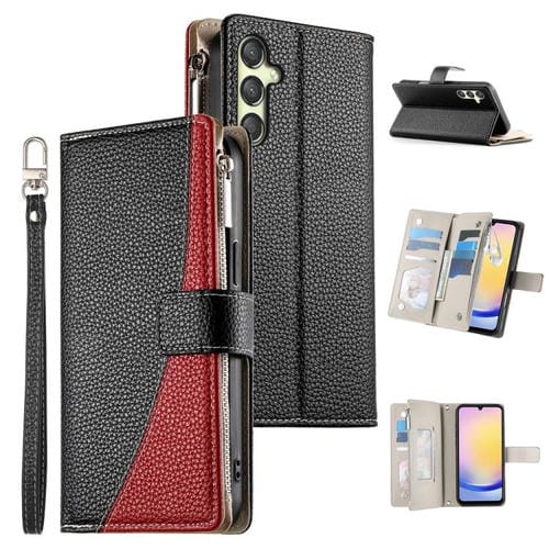 Funda de cuero tipo billetera con cremallera y múltiples tarjetas para Samsung Galaxy A25 5G, con costuras y correa corta (negra)