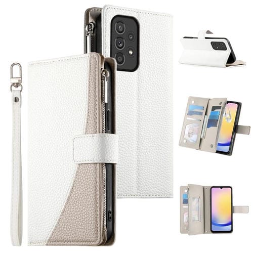 Funda de cuero tipo billetera con cremallera y múltiples tarjetas para Samsung Galaxy A33 5G, con costuras y correa corta (blanca)