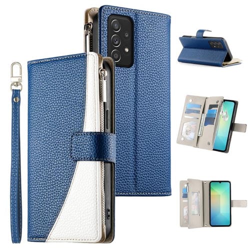 Funda de cuero con cremallera para Samsung Galaxy A52 4G / 5G / A52s 5G, con costuras, múltiples tarjetas y correa corta (azul oscuro)