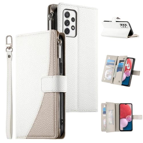 Funda de cuero tipo billetera con cremallera y mĂșltiples tarjetas para Samsung Galaxy A72 4G/5G con costuras y correa corta (blanca)