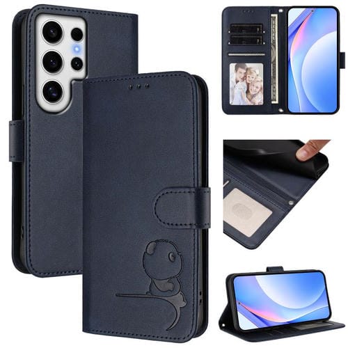 Funda de cuero RFID con estampado de panda y cordón para Samsung Galaxy S24 Ultra 5G (azul)