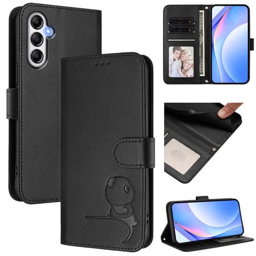 Funda de cuero con estampado de panda y RFID para Samsung Galaxy A14 5G/4G con cordón (negra)