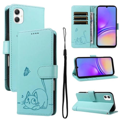 Funda de cuero con tapa y estampado de gato adorable para Samsung Galaxy A07 5G (verde)