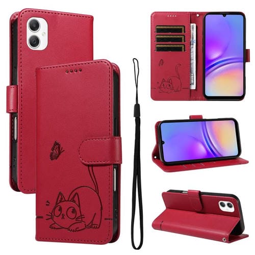 Funda de cuero con tapa y estampado de gato adorable para Samsung Galaxy A07 5G (roja)